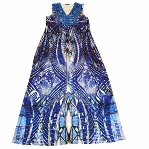APT. 9 BLUE WHITE GEOMETRIC PRINT SLEEVELESS MAXI DRESS V-NECK EMBELLISHED 12/L